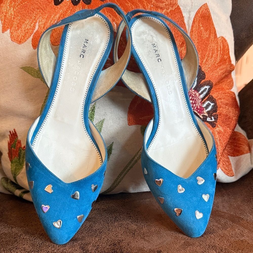 MARC JACOBS KITTEN HEELS HEART STUDDED SUEDE SLINGBACK ITALY VINTAGE VGVC SZ 8M